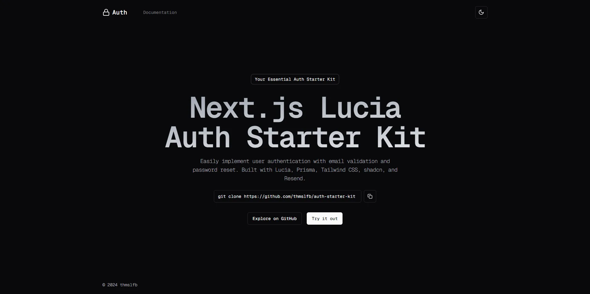 The Auth Starter Kit landing page, a dark page with the title Next.js Lucia Auth Starter Kit.