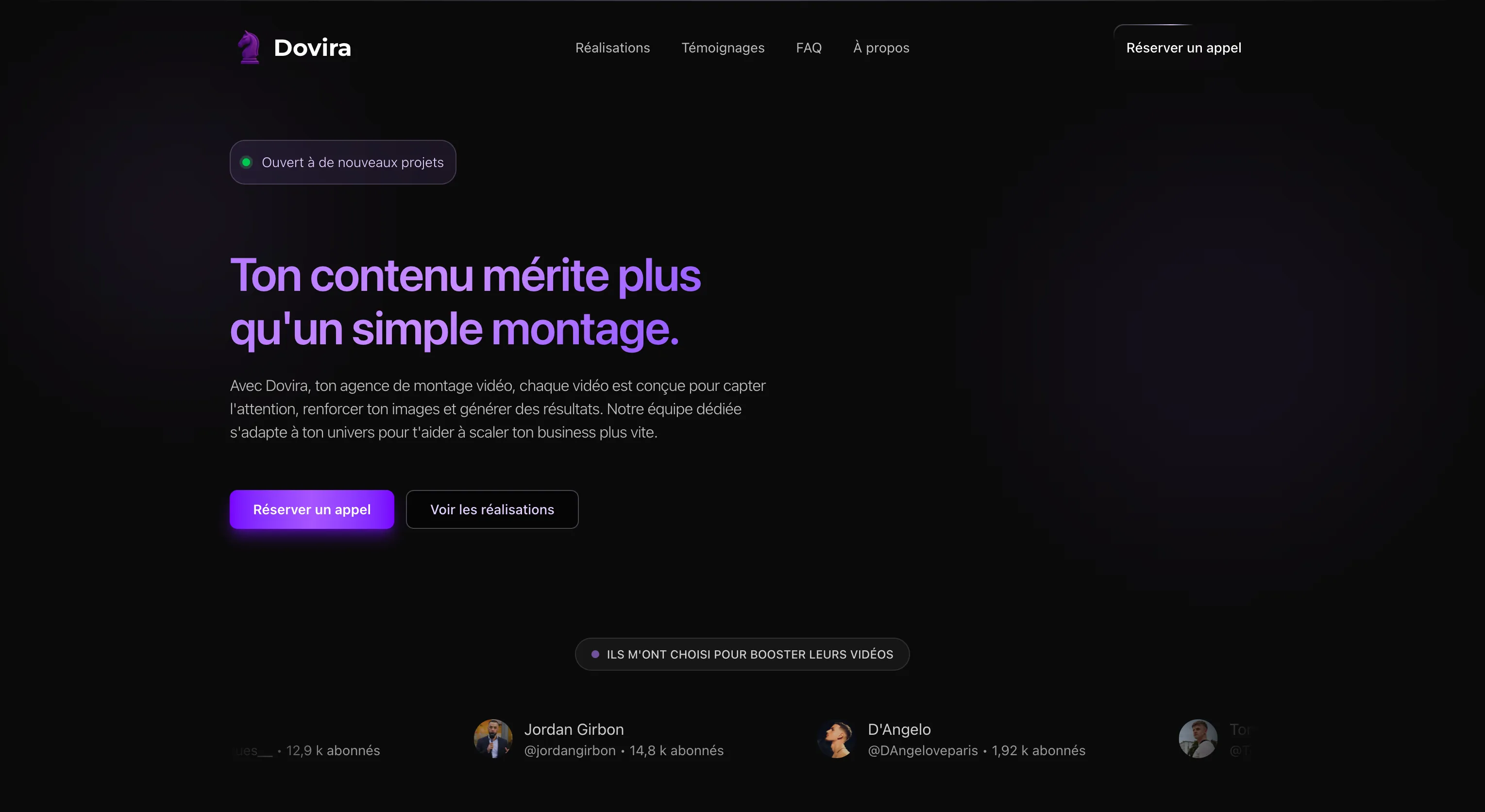 The Dovira home page as I delivered it, a dark landing page with a purple headline and a call to action.