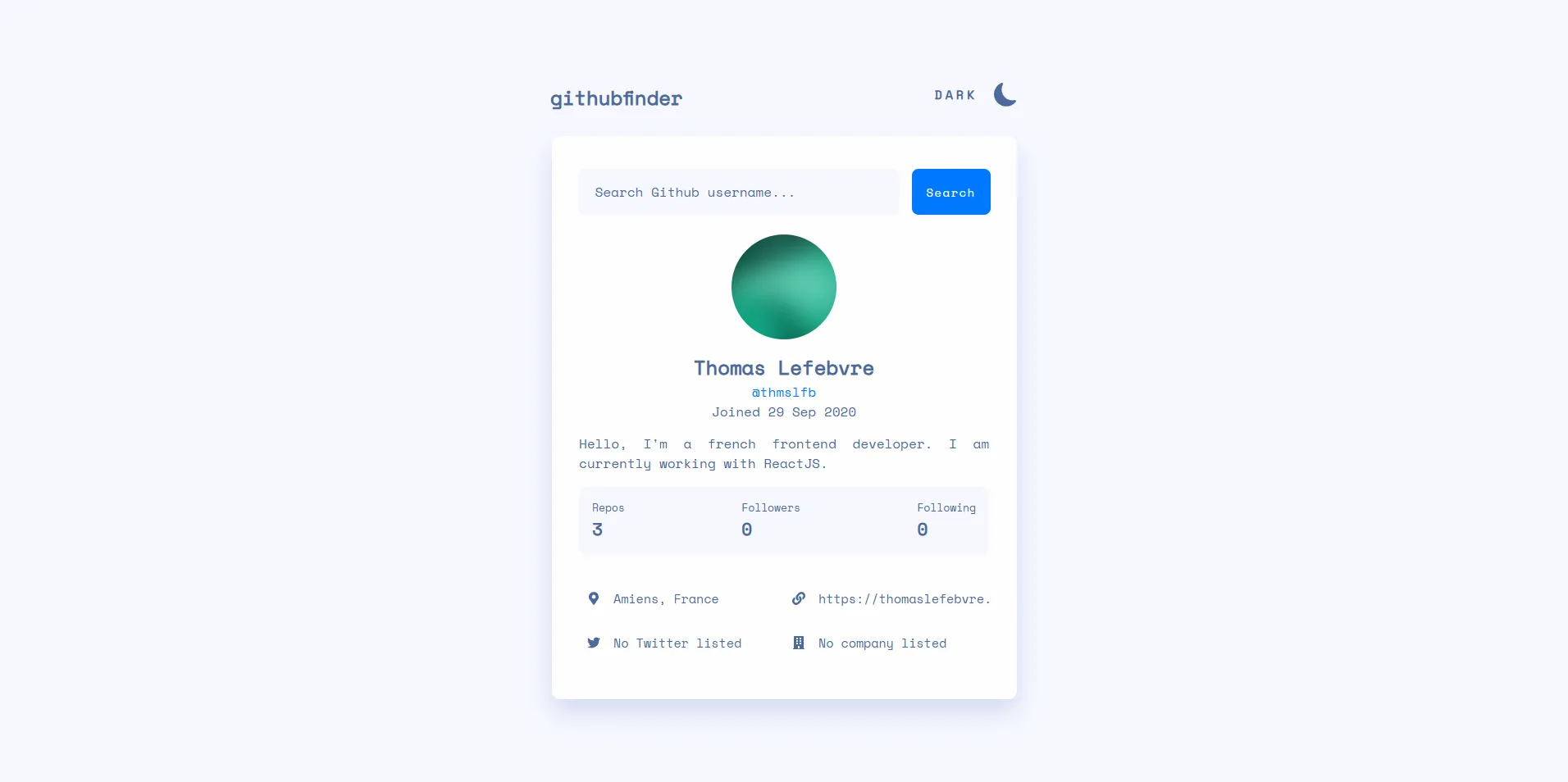 The GitHub Finder app showing a search field and a profile card with repositories, followers and location.