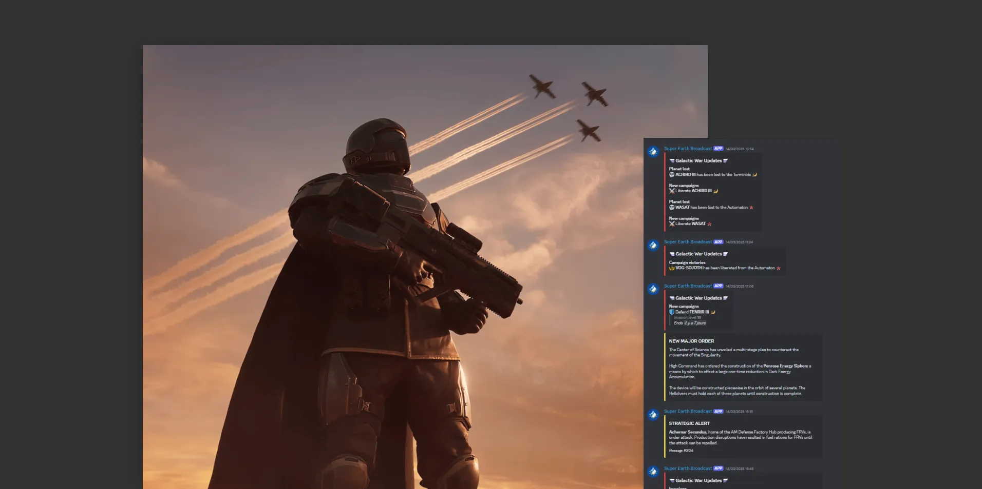 A Helldivers 2 soldier at sunset next to a Discord channel where the bot posts war updates.